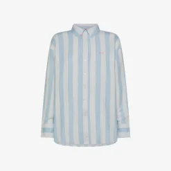 Outlet Camicia in lino a righe bianche e azzurre Donna Camicie|Beachwear Donna