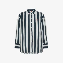 Clearance Camicia in lino a righe bianche e blu navy Donna Camicie|Beachwear Donna