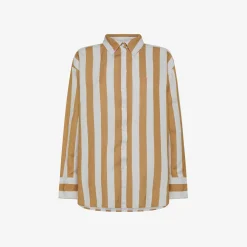 Sale Camicia in lino a righe bianche e cammello Donna Camicie|Beachwear Donna