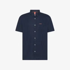 Online Camicia in lino e cotone blu navy Uomo Camicie|Beachwear Uomo