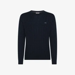 Outlet Maglione in cotone a trecce blu navy Uomo Maglie