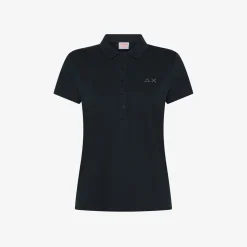 New Polo in piquet di cotone blu navy con logo in strass Donna Polo