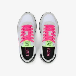 Clearance Sneaker Girl's Ally in suede e nylon bianco e fucsia fluo Bambina