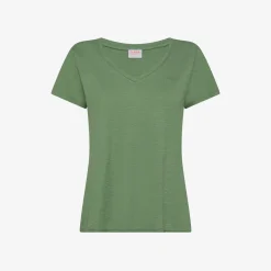 New T-shirt con scollo a V in cotone verde salvia Donna T-Shirts