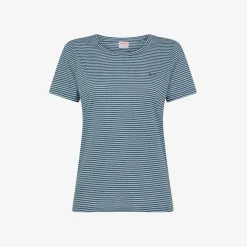 Hot T-shirt in lino e cotone a righe bianche panna e avio scuro Donna T-Shirts