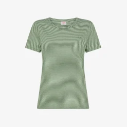 Hot T-shirt in lino e cotone a righe bianche panna e verde salvia Donna T-Shirts